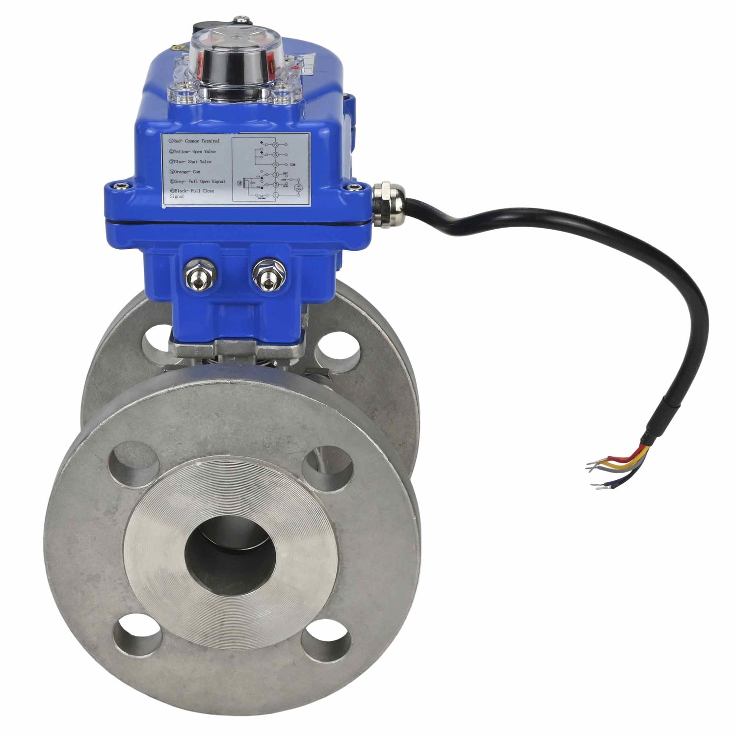 Robinet à boisseau sphérique en acier inoxydable Elephant BV3232P-FP-F, matériau du corps - acier inoxydable AISI 316, joint - PTFE, passage intégral, à bride, actionneur électrique Elephant 003 bleu 24 V