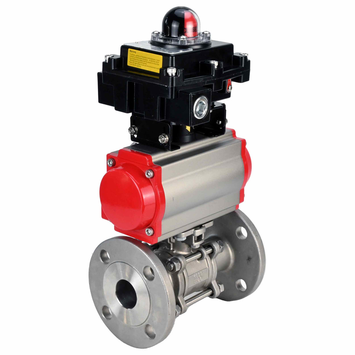 Robinet à boisseau sphérique en acier inoxydable Elephant BVFPT-ISO.316.180 en trois parties, matériau du corps - acier inoxydable SS316, joint - PTFE, à brides, passage intégral, actionneur pneumatique Elephant SA, bloc de fin de course APL-410N EX