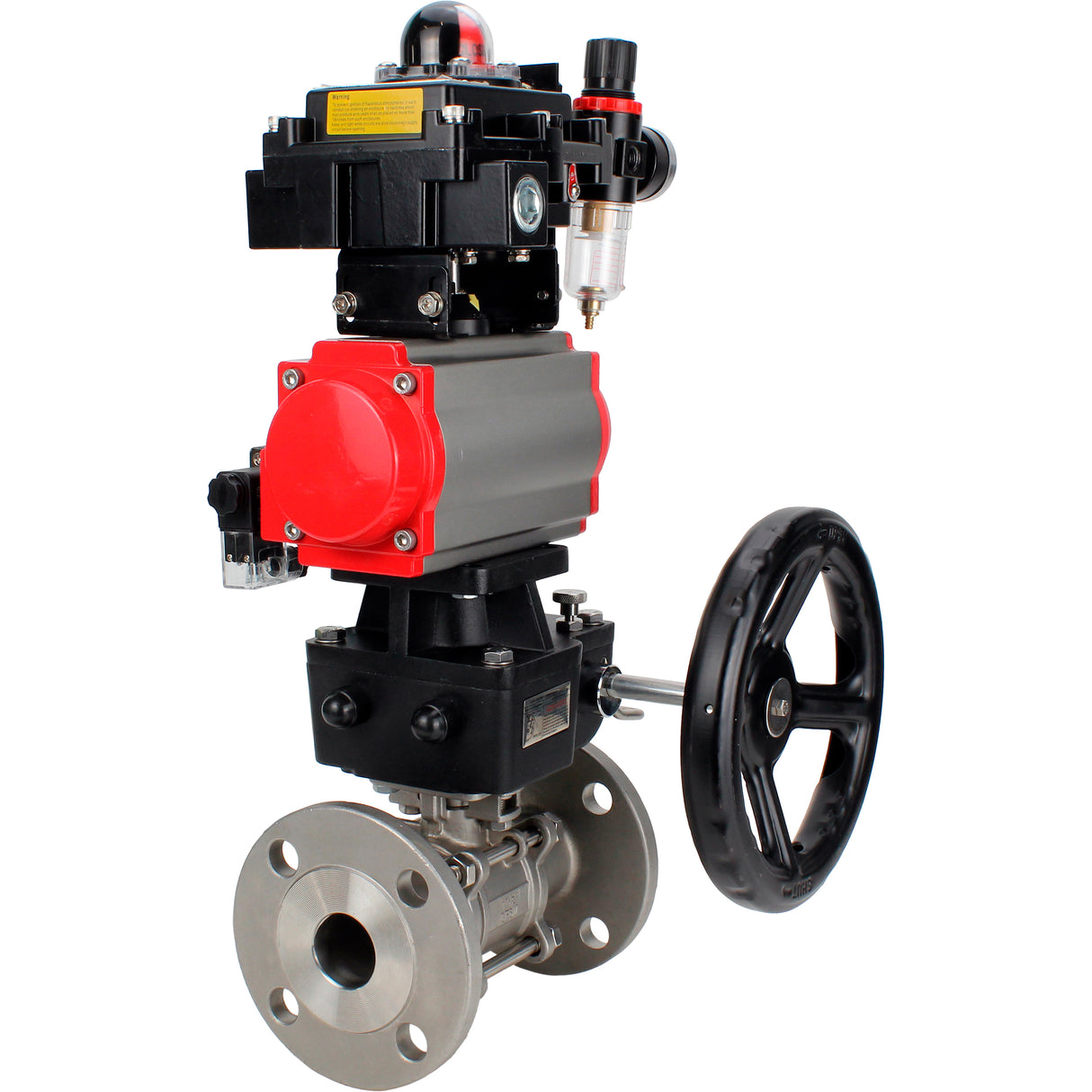 Ball valves Elephant BV3131P(3pc)-FP-F-ISO-H 16 bar, three-piece full bore flanged, stainless steel SS304, PTFE, with pneumatic actuator PA-DA, with pneumatic distributor 4M310-08 24V, with LSU APL- 410N EX, with manual Doubler MON1-250-T26-ISO, with ATU