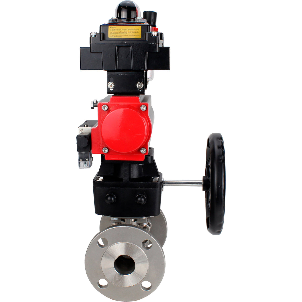 Ball valves Elephant BV3131P(3pc)-FP-F-ISO-H 16 bar, three-piece full bore flanged, stainless steel SS304, PTFE, with pneumatic drive PA-DA, with pneumatic distributor 4M310-08 220V, with LSU APL- 410N EX, with manual Doubler MON1-250-T26-ISO, with ATU AF