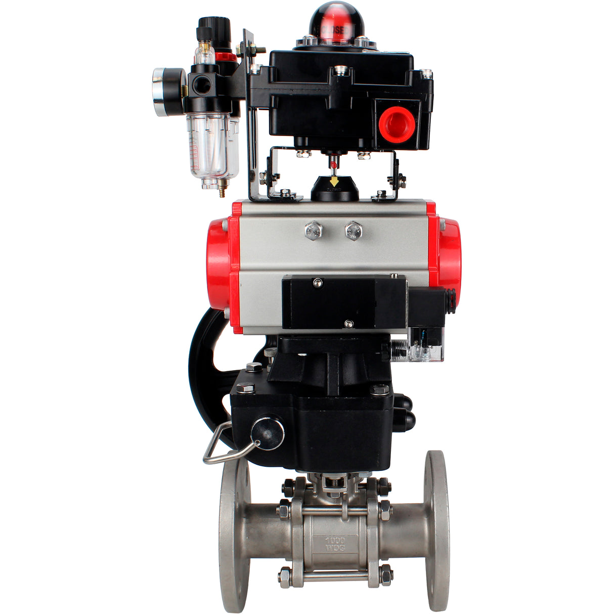 Ball valves Elephant BV3131P(3pc)-FP-F-ISO-H 16 bar, three-piece full bore flanged, stainless steel SS304, PTFE, with pneumatic actuator PA-DA, with pneumatic distributor 4M310-08 24V, with LSU APL- 410N EX, with manual Doubler MON1-250-T26-ISO, with ATU