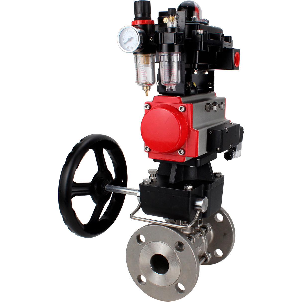 Ball valves Elephant BV3131P(3pc)-FP-F-ISO-H 16 bar, three-piece full bore flanged, stainless steel SS304, PTFE, with pneumatic drive PA-DA, with pneumatic distributor 4M310-08 220V, with LSU APL- 410N EX, with manual Doubler MON1-250-T26-ISO, with ATU AF