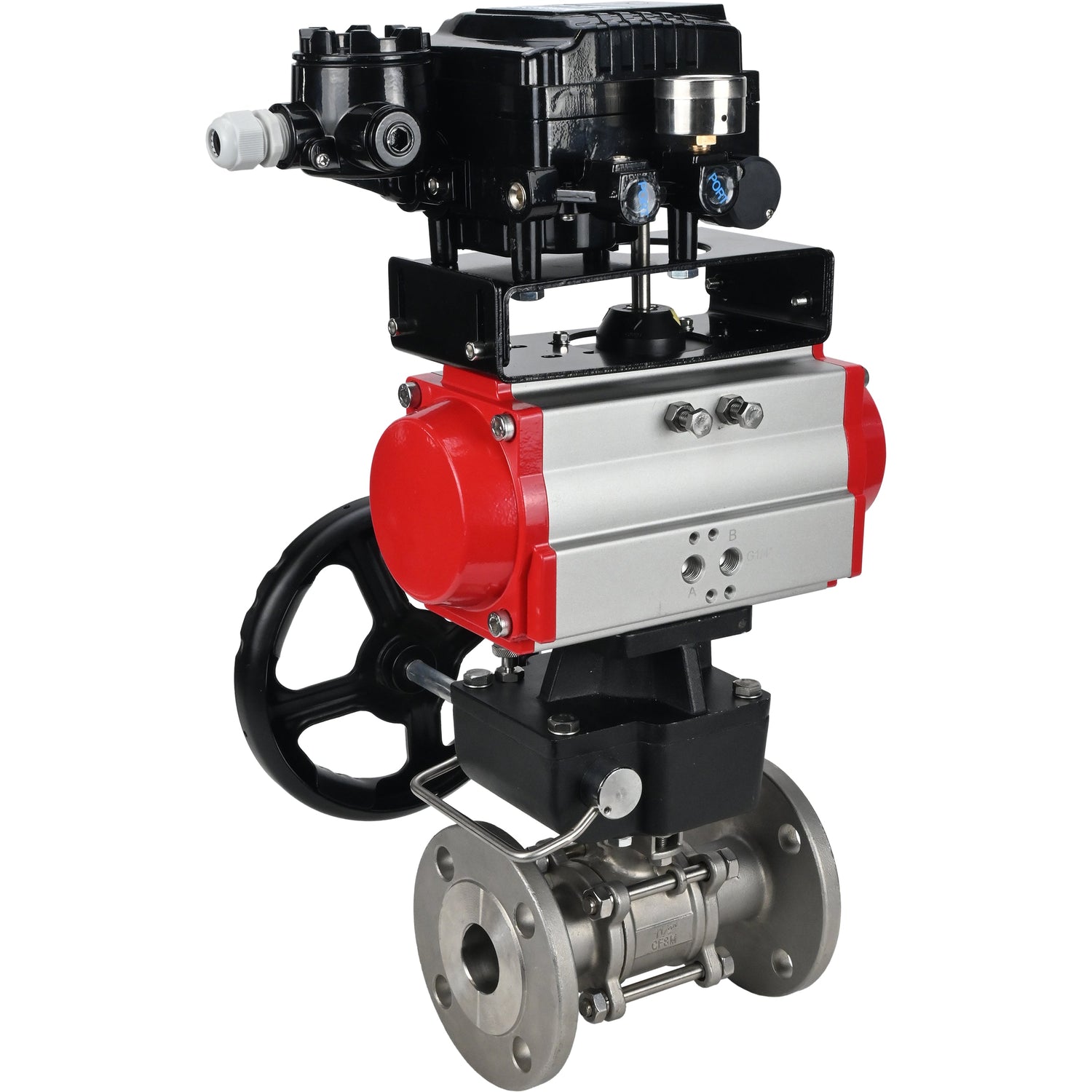 Robinet à boisseau sphérique en acier inoxydable Elephant ksfpt-316-180-da-yt1000rsn-hdm, matériau du corps - acier inoxydable AISI 316, matériau de la bille - acier inoxydable AISI 316, joint - PTFE, actionné par actionneur pneumatique