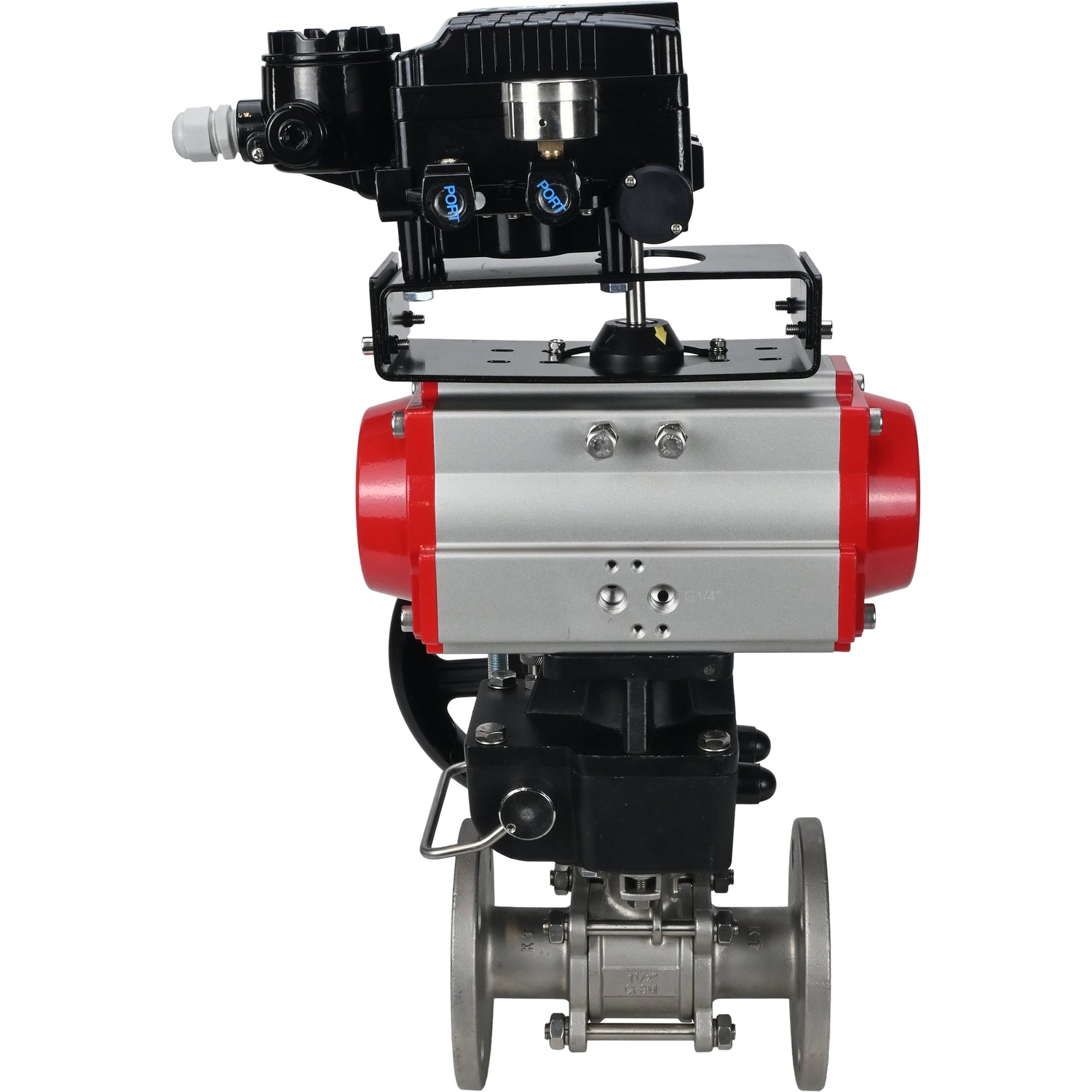 Robinet à boisseau sphérique en acier inoxydable Elephant ksfpt-316-180-da-yt1000rsi-hdm, matériau du corps - acier inoxydable AISI 316, matériau de la bille - acier inoxydable AISI 316, joint - PTFE, actionné par actionneur pneumatique