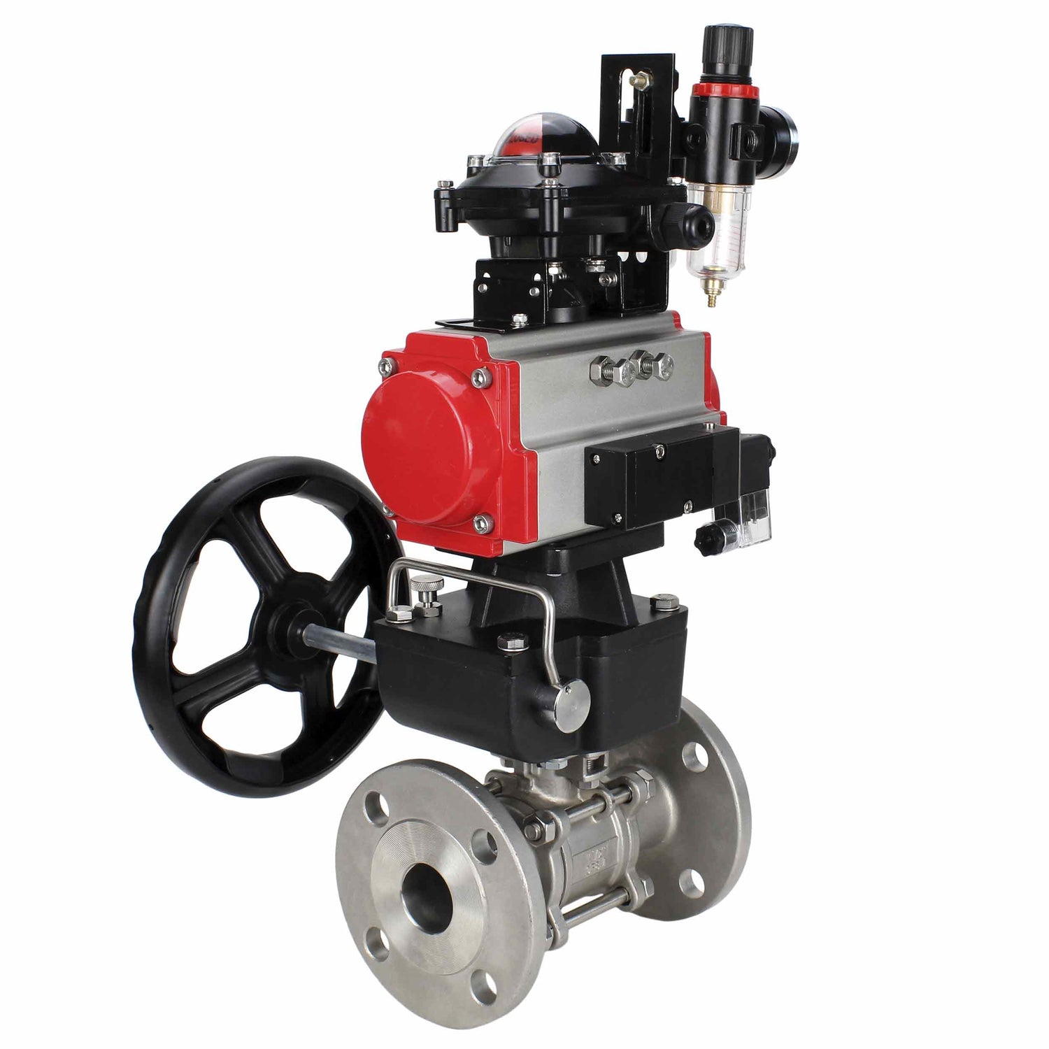 Robinet à boisseau sphérique en acier inoxydable Elephant ksfpt-304-180-da-4m310-24v-apl210n-hdm-afc2000, matériau du corps - acier inoxydable AISI 304, matériau de la bille - acier inoxydable AISI 304, joint - PTFE, actionné par actionneur pneumatique