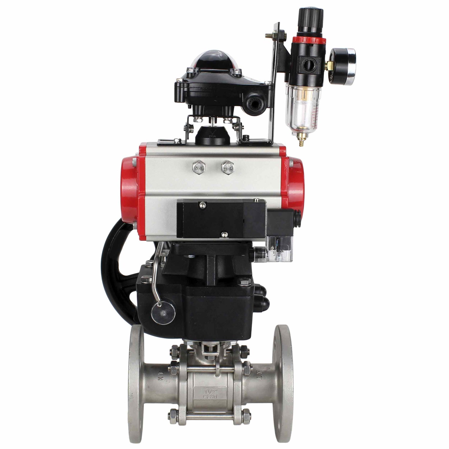 Robinet à boisseau sphérique en acier inoxydable Elephant ksfpt-304-180-da-4m310-24v-apl210n-hdm-afc2000, matériau du corps - acier inoxydable AISI 304, matériau de la bille - acier inoxydable AISI 304, joint - PTFE, actionné par actionneur pneumatique