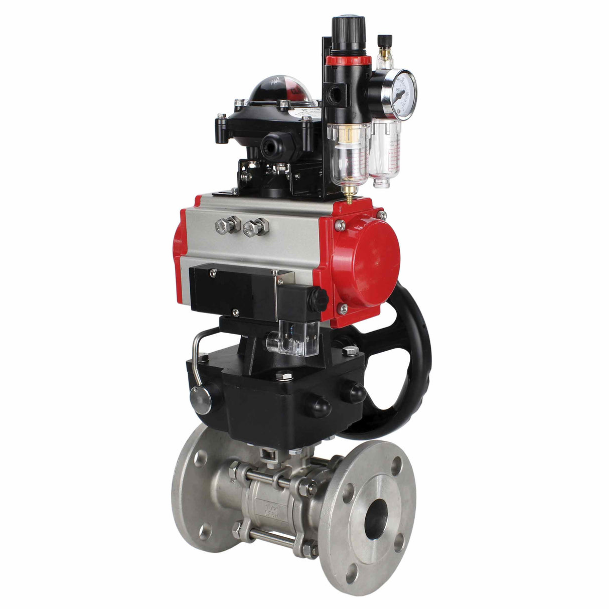 Robinet à boisseau sphérique en acier inoxydable Elephant ksfpt-304-180-da-4m310-24v-apl210n-hdm-afc2000, matériau du corps - acier inoxydable AISI 304, matériau de la bille - acier inoxydable AISI 304, joint - PTFE, actionné par actionneur pneumatique