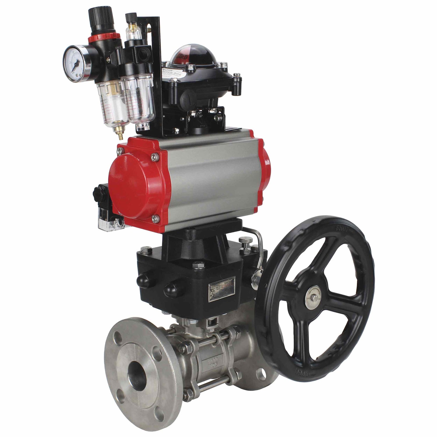 Robinet à boisseau sphérique en acier inoxydable Elephant ksfpt-304-180-da-4m310-24v-apl210n-hdm-afc2000, matériau du corps - acier inoxydable AISI 304, matériau de la bille - acier inoxydable AISI 304, joint - PTFE, actionné par actionneur pneumatique