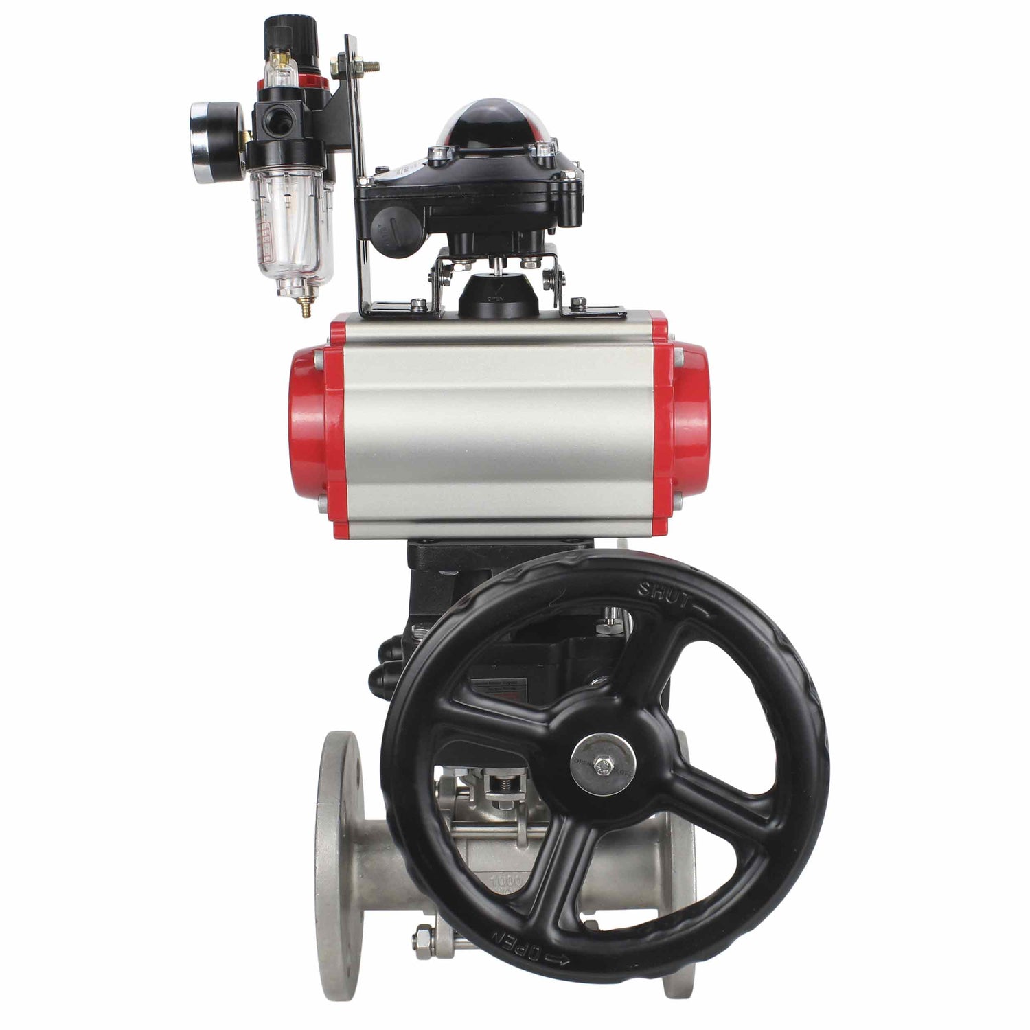 Robinet à boisseau sphérique en acier inoxydable Elephant ksfpt-304-180-da-4m310-24v-apl210n-hdm-afc2000, matériau du corps - acier inoxydable AISI 304, matériau de la bille - acier inoxydable AISI 304, joint - PTFE, actionné par actionneur pneumatique