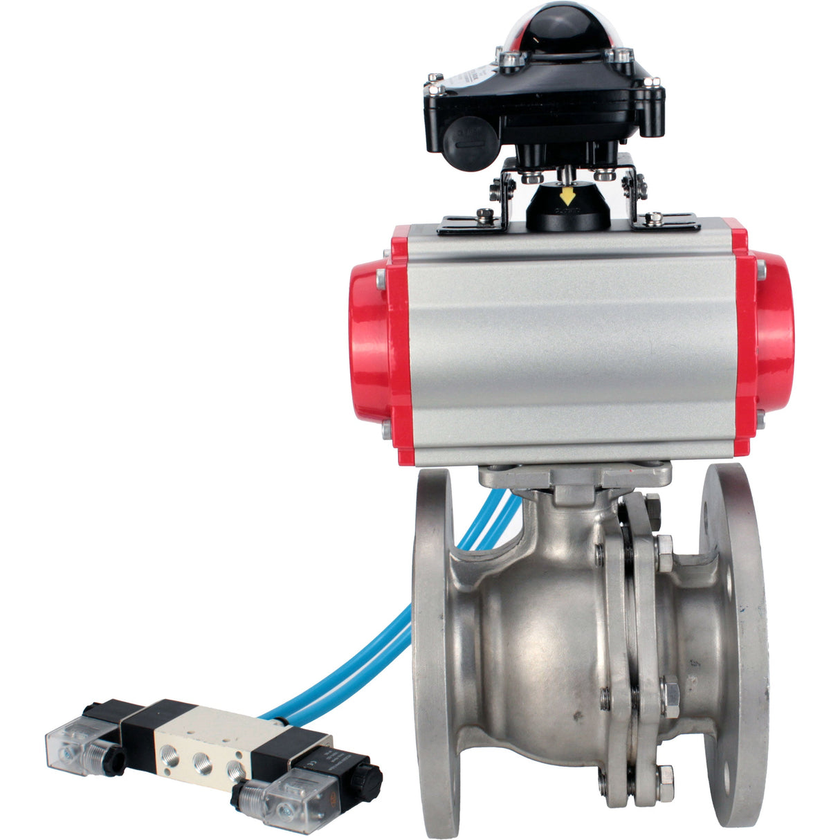 Ball valves Elephant BV3232P(2pc)-FP-F-ISO-H, full bore flanged, stainless steel SS316, seal - PTFE, with pneumatic actuator PA-SA with return springs, with pneumatic distributor 4V320-10 220V, with LSU APL-210N