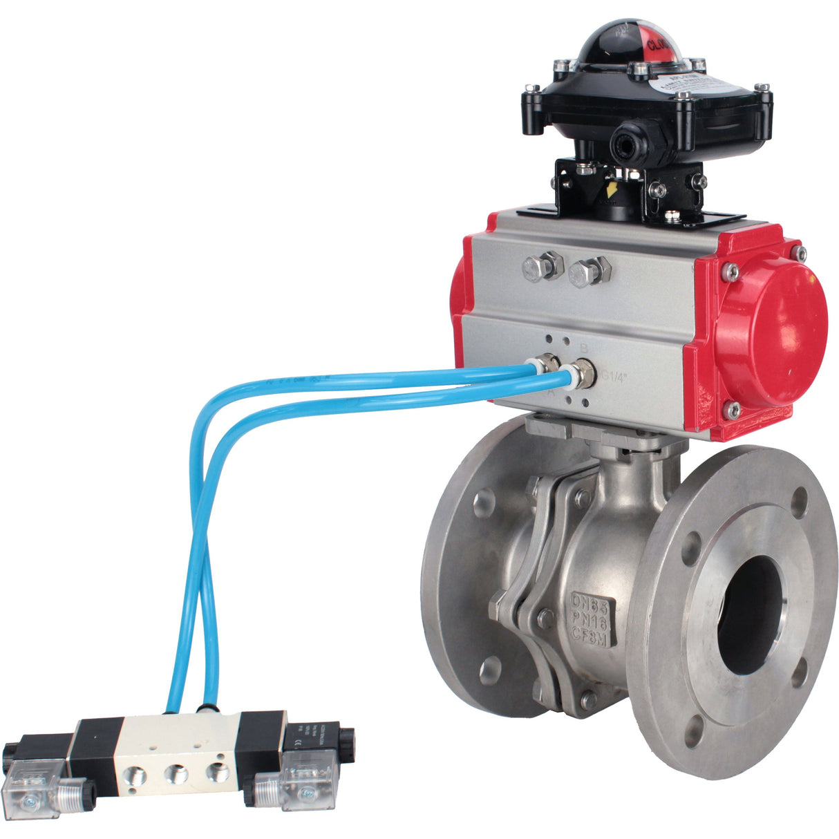 Ball valves Elephant BV3232P(2pc)-FP-F-ISO-H DN15-300 16 bar/16, full bore flanged, stainless steel SS316, seal - PTFE, with pneumatic actuator PA-SA with return springs, with pneumatic distributor 4V320-08 220V, with LSU APL-210N