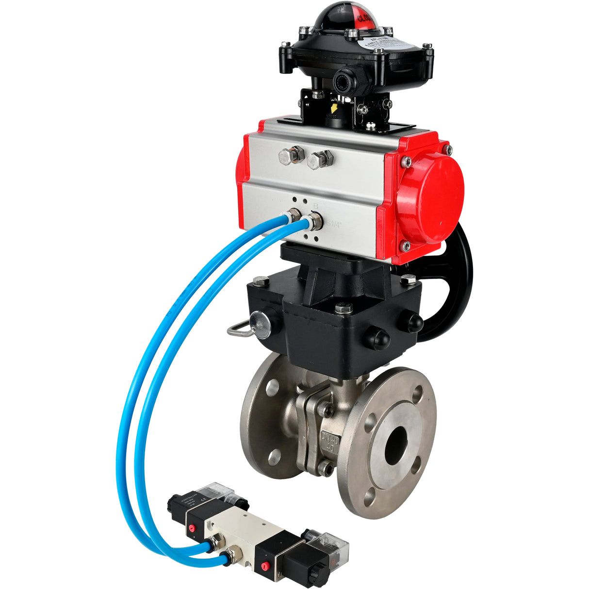 Ball valves Elephant BV3232P(2pc)-FP-F-ISO-H DN15-300 16 bar/16, full bore flanged, stainless steel SS316, seal - PTFE, with double-acting PA-DA pneumatic actuator, with pneumatic distributor 4V320-08 220V, with LSU APL-210N, with manual Doubler MON