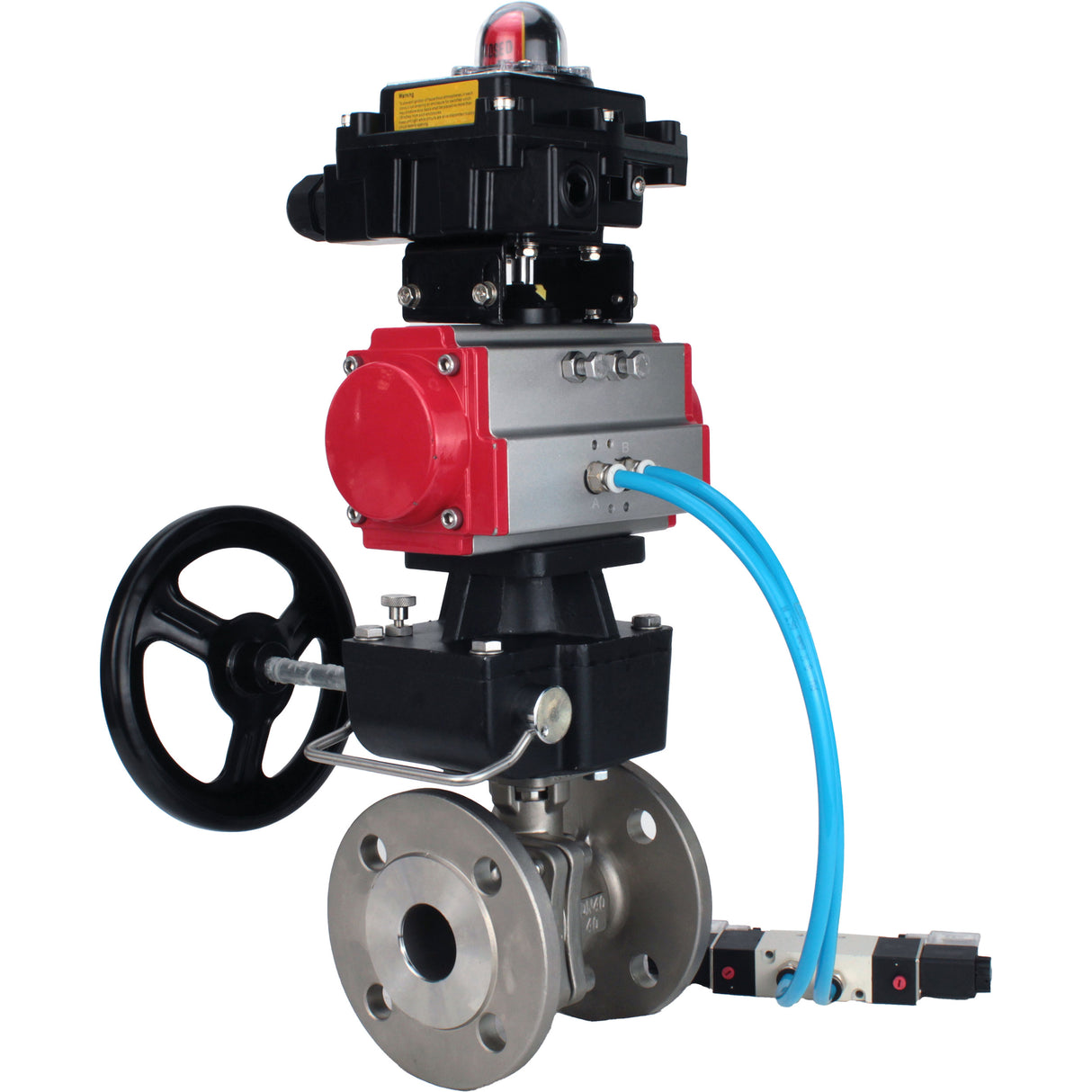 Ball valves Elephant BV3232P(2pc)-FP-F-ISO-H, body material - Stainless steel AISI 316, seal - PTFE / PTFE / Teflon, with pneumatic actuator double action PA-DA, 4V320-10 220V, LSU APL-410N Ex, handwheel MON