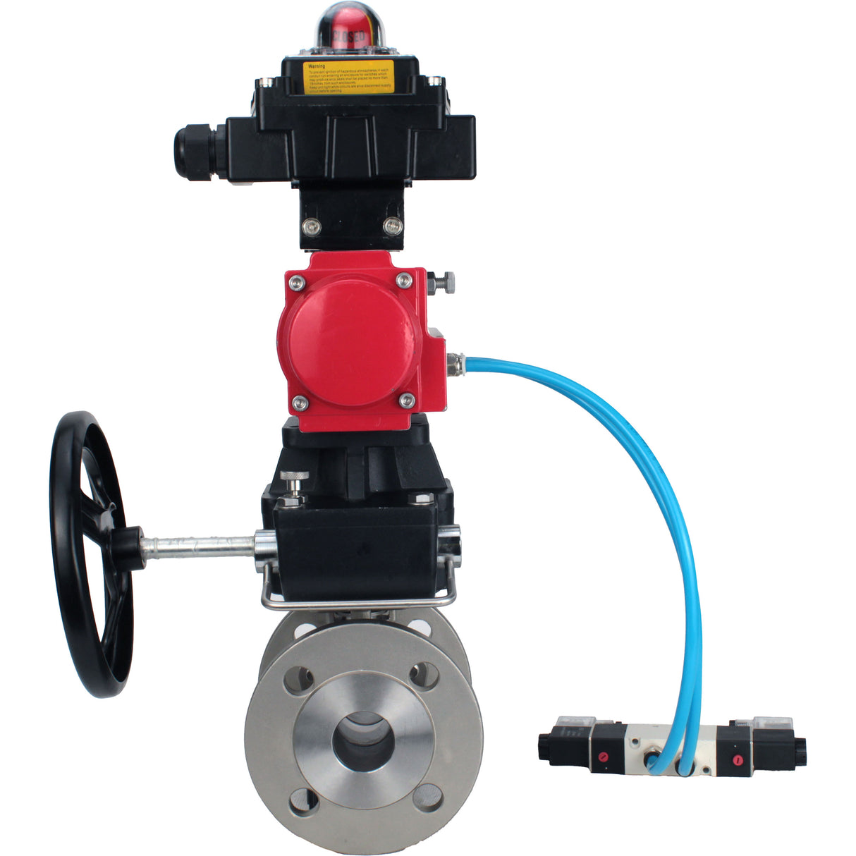 Ball valves Elephant BV3232P(2pc)-FP-F-ISO-H, body material - Stainless steel AISI 316, seal - PTFE / PTFE / Teflon, with pneumatic actuator double action PA-DA, 4V320-10 220V, LSU APL-410N Ex, handwheel MON