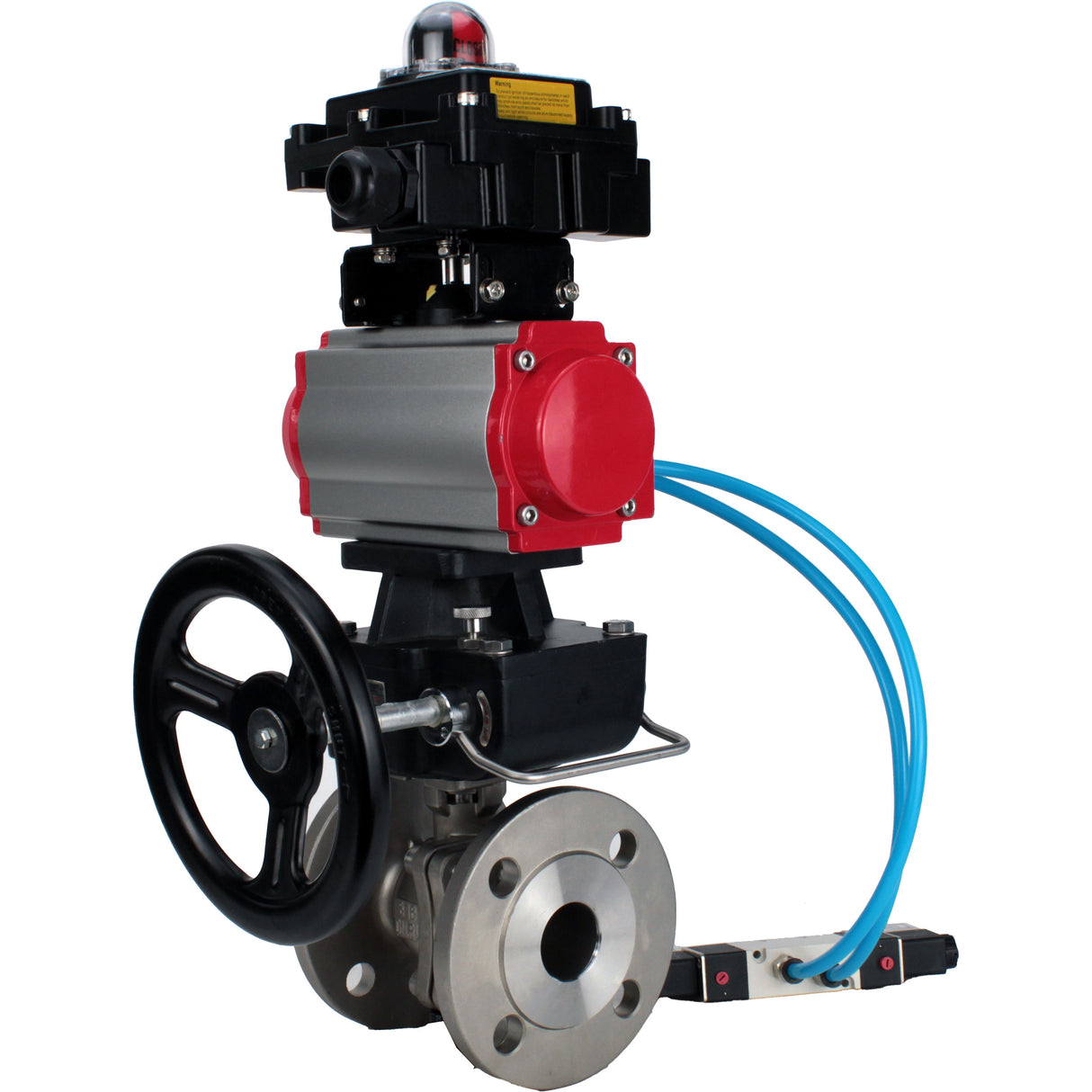 Ball valves Elephant BV3232P(2pc)-FP-F-ISO-H, body material - Stainless steel AISI 316, seal - PTFE / PTFE / Teflon, with pneumatic actuator double action PA-DA, 4V320-10 220V, LSU APL-410N Ex, handwheel MON