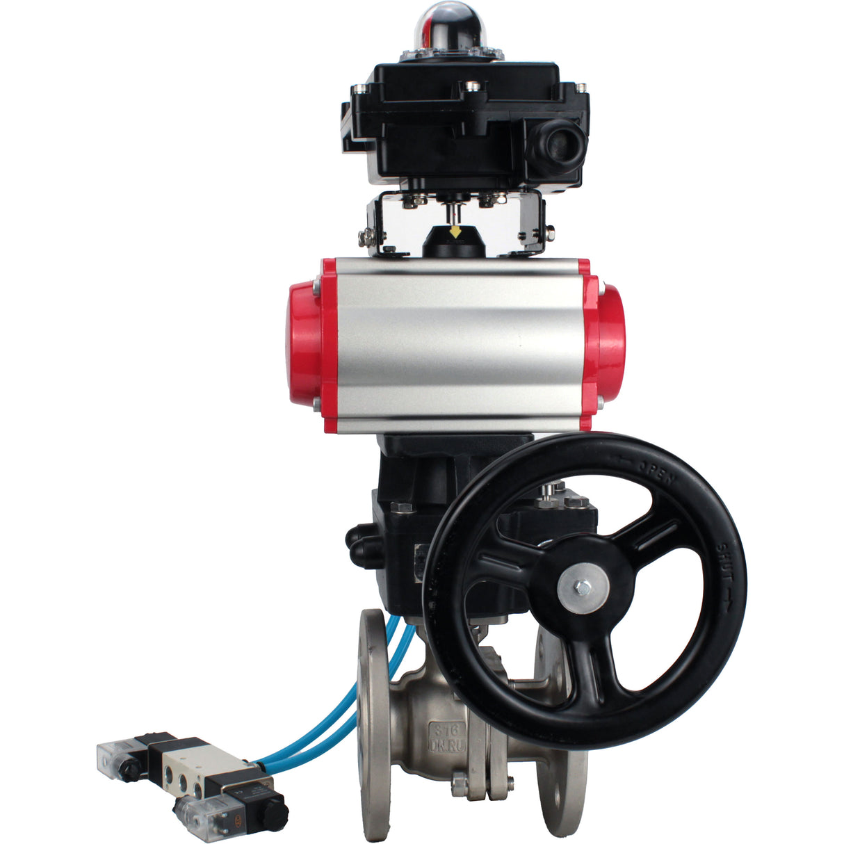 Ball valves Elephant BV3232P(2pc)-FP-F-ISO-H, body material - Stainless steel AISI 316, seal - PTFE / PTFE / Teflon, with pneumatic actuator double action PA-DA, 4V320-10 220V, LSU APL-410N Ex, handwheel MON