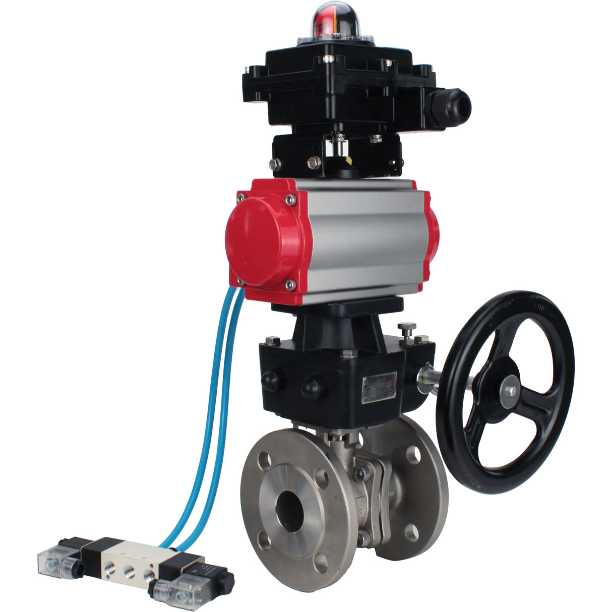 Ball valves Elephant BV3232P(2pc)-FP-F-ISO-H, body material - Stainless steel AISI 316, seal - PTFE / PTFE / Teflon, with pneumatic actuator double action PA-DA, 4V320-10 220V, LSU APL-410N Ex, handwheel MON