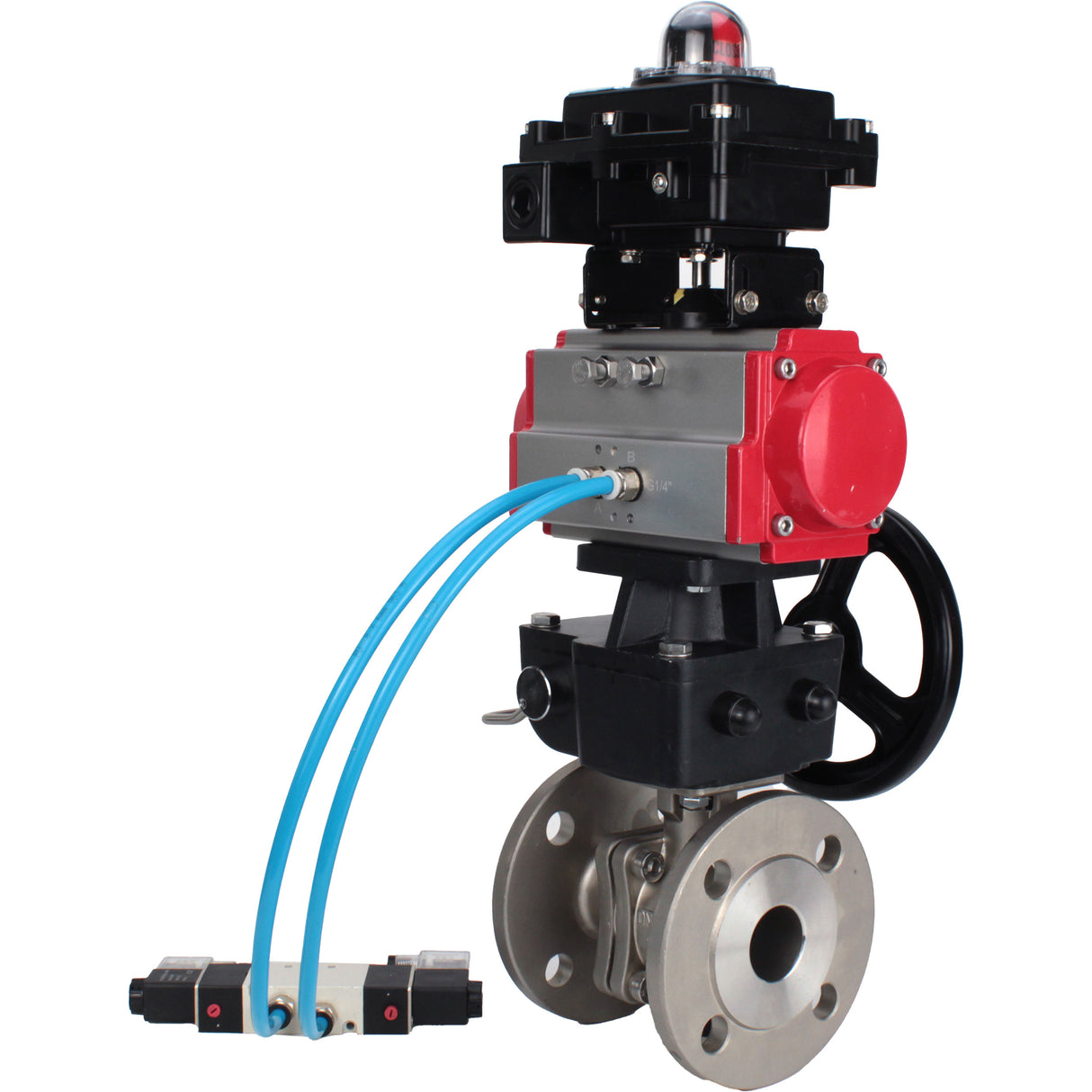 Ball valves Elephant BV3232P(2pc)-FP-F-ISO-H, body material - Stainless steel AISI 316, seal - PTFE / PTFE / Teflon, with pneumatic actuator double action PA-DA, 4V320-10 220V, LSU APL-410N Ex, handwheel MON