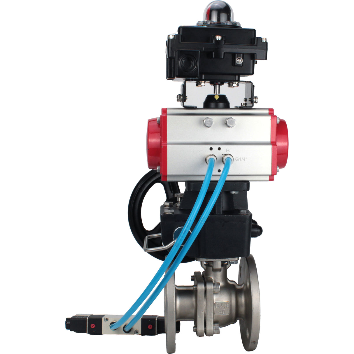 Ball valves Elephant BV3232P(2pc)-FP-F-ISO-H, body material - Stainless steel AISI 316, seal - PTFE / PTFE / Teflon, with pneumatic actuator double action PA-DA, 4V320-10 220V, LSU APL-410N Ex, handwheel MON