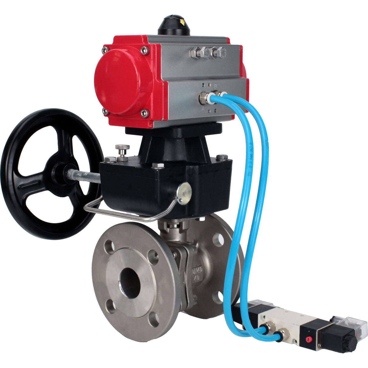 Ball valves Elephant BV3232P(2pc)-FP-F-ISO-H DN15-300 16 bar/16, full bore flanged, stainless steel SS316, seal - PTFE, with double-acting PA-DA pneumatic actuator, with pneumatic distributor 4V320-08 220V, with manual Doubler MON