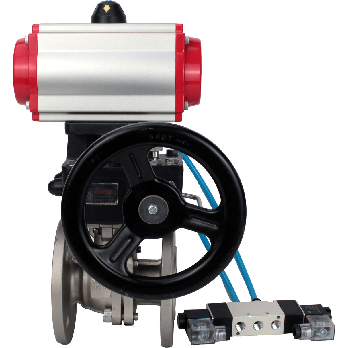 Ball valves Elephant BV3232P(2pc)-FP-F-ISO-H DN15-300 16 bar/16, full bore flanged, stainless steel SS316, seal - PTFE, with double-acting PA-DA pneumatic actuator, with pneumatic distributor 4V320-08 220V, with manual Doubler MON
