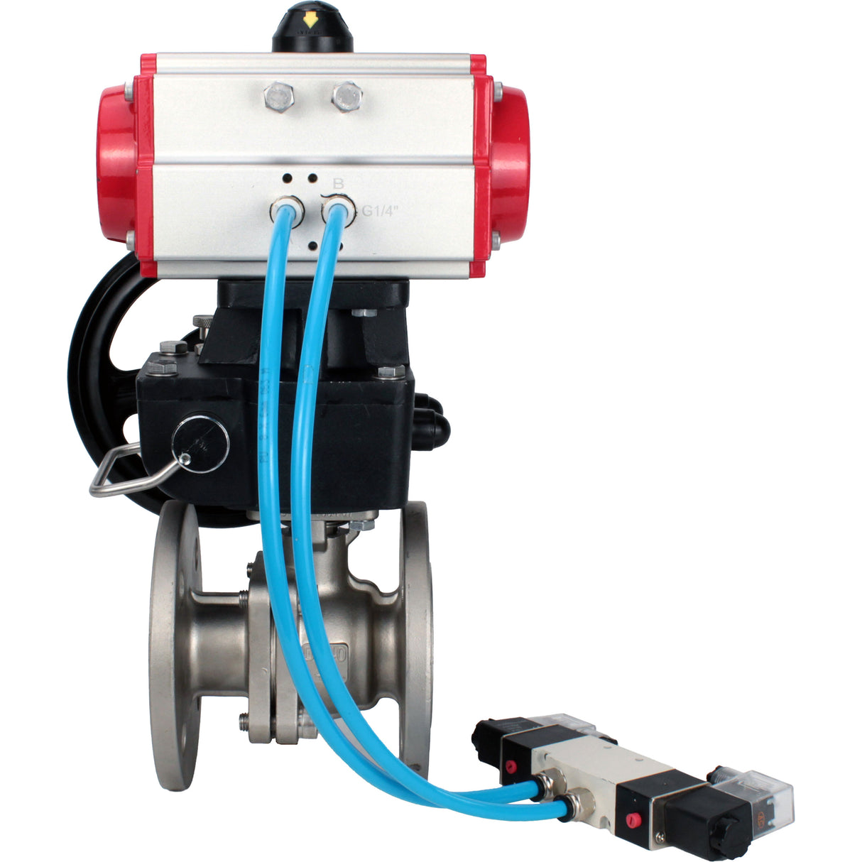 Ball valves Elephant BV3232P(2pc)-FP-F-ISO-H DN15-300 16 bar/16, full bore flanged, stainless steel SS316, seal - PTFE, with double-acting PA-DA pneumatic actuator, with pneumatic distributor 4V320-08 220V, with manual Doubler MON