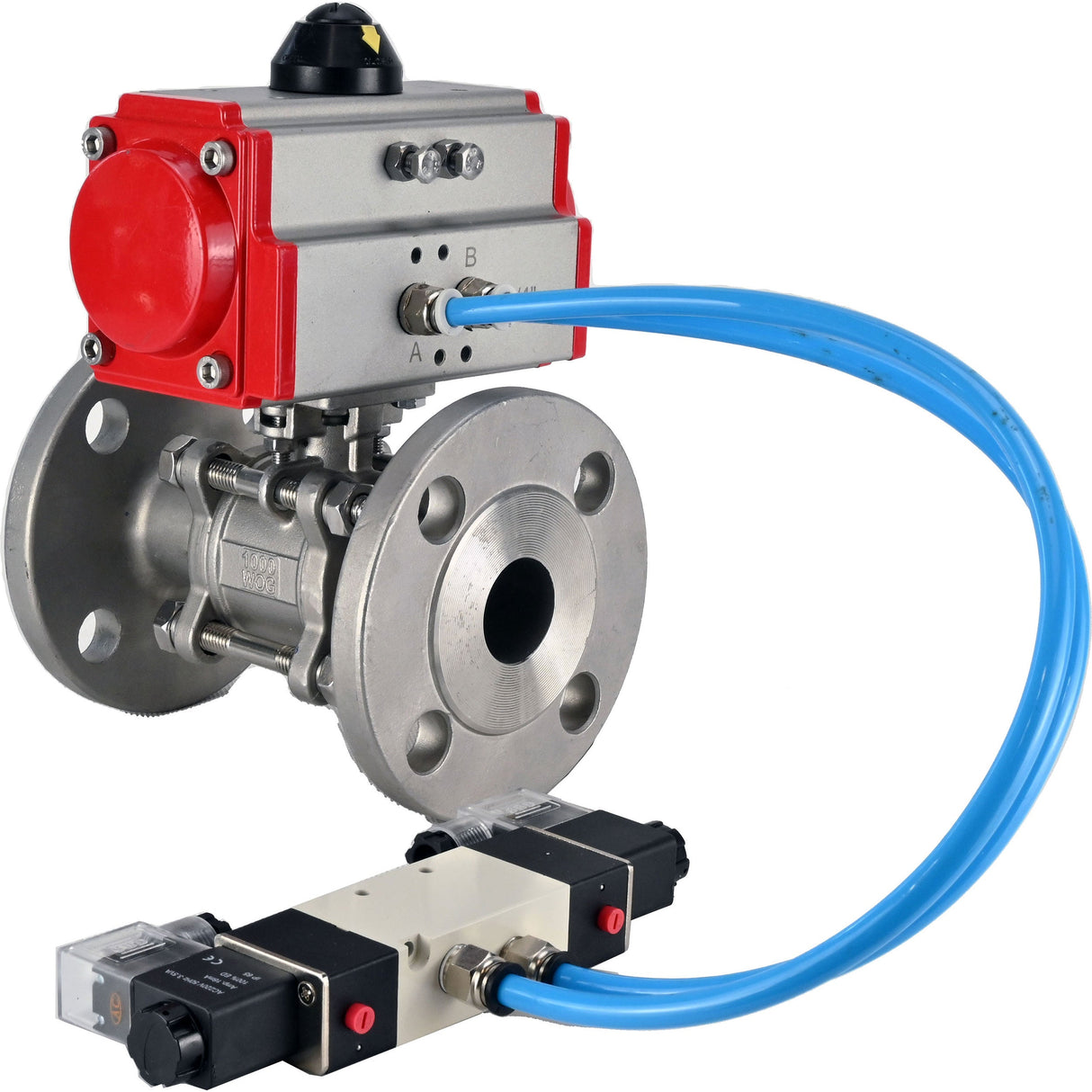 Vannes à boisseau sphérique Elephant BV3232P(3pc)-FP-F-ISO-H 16 bar, trois pièces à passage intégral à brides, acier inoxydable SS304, joint - PTFE, avec actionneur pneumatique double effet PA-DA, avec distributeur pneumatique 4V320-08 220V