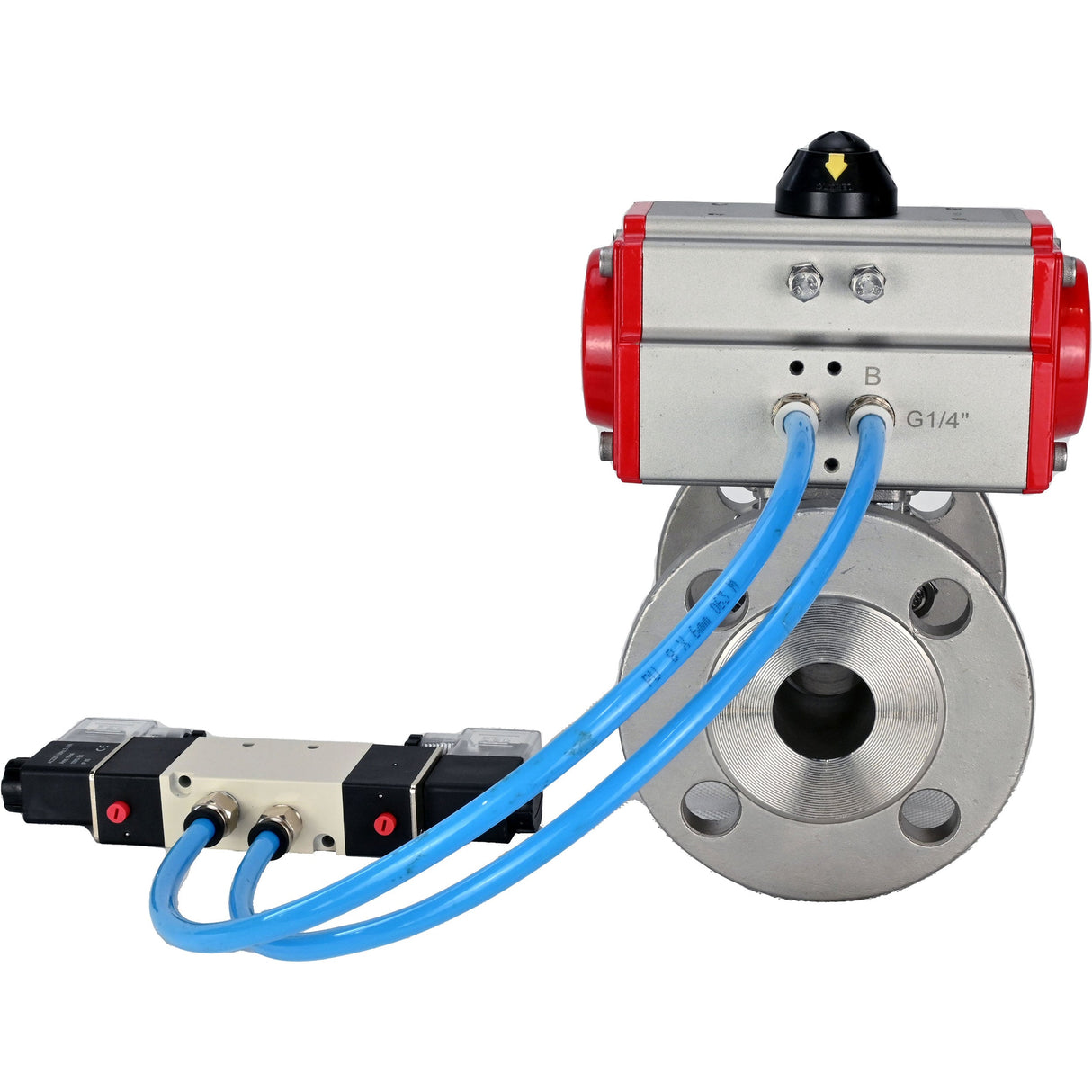 Vannes à boisseau sphérique Elephant BV3232P(3pc)-FP-F-ISO-H 16 bar, trois pièces à passage intégral à brides, acier inoxydable SS304, joint - PTFE, avec actionneur pneumatique PA-SA avec ressorts de rappel, avec distributeur pneumatique 4V320-08 220V