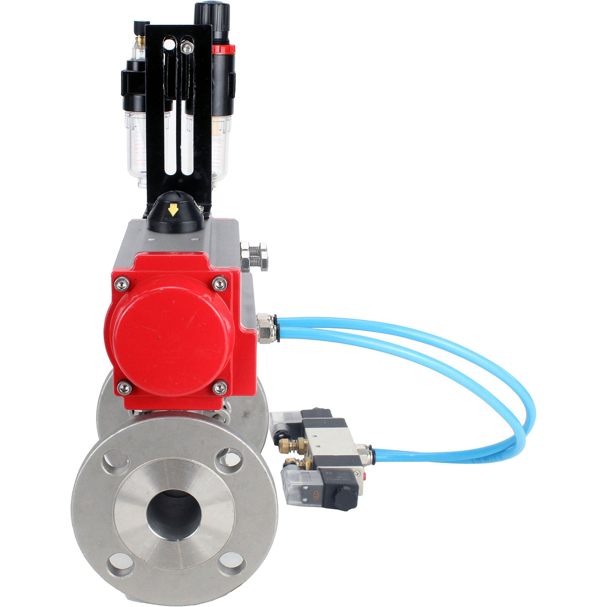 Ball valves Elephant BV3232P(3pc)-FP-F-ISO-H 16 bar, three-piece full bore flanged, stainless steel SS304, seal - PTFE, with pneumatic actuator PA-SA with return springs, with pneumatic distributor 4V320-10 220V, with GSV AFC2000