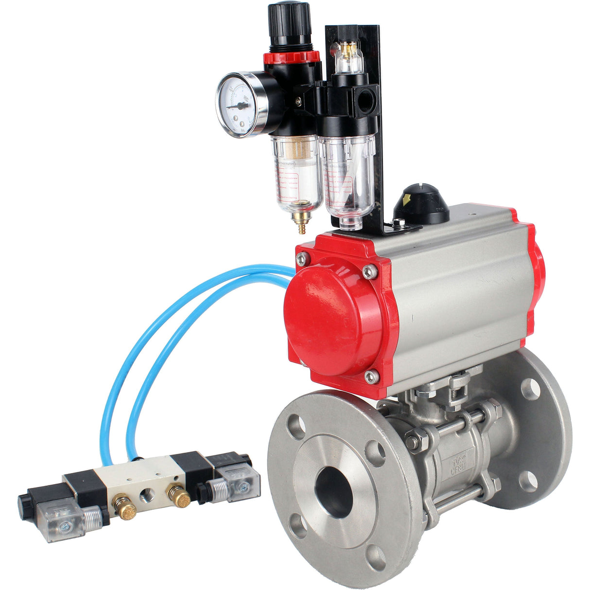 Ball valves Elephant BV3232P(3pc)-FP-F-ISO-H 16 bar, three-piece full bore flanged, stainless steel SS304, seal - PTFE, with pneumatic actuator PA-SA with return springs, with pneumatic distributor 4V320-08 220V, with GSV AFC2000