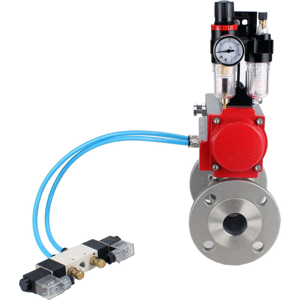 Ball valves Elephant BV3232P(3pc)-FP-F-ISO-H 16 bar, three-piece full bore flanged, stainless steel SS304, seal - PTFE, with pneumatic actuator PA-SA with return springs, with pneumatic distributor 4V320-08 220V, with GSV AFC2000