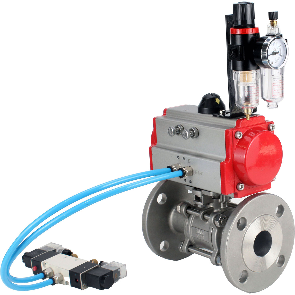 Ball valves Elephant BV3232P(3pc)-FP-F-ISO-H 16 bar, three-piece full bore flanged, stainless steel SS304, seal - PTFE, with double-acting PA-DA pneumatic actuator, with pneumatic distributor 4V320-08 220V, with ATU AFC2000