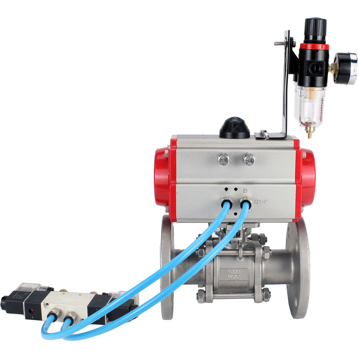 Ball valves Elephant BV3131P(3pc)-FP-F-ISO-H 16 bar, three-piece full bore flanged, stainless steel SS304, seal - PTFE, with double-acting PA-DA pneumatic actuator, with pneumatic distributor 4V320-10 220V, with ATU AFC2000