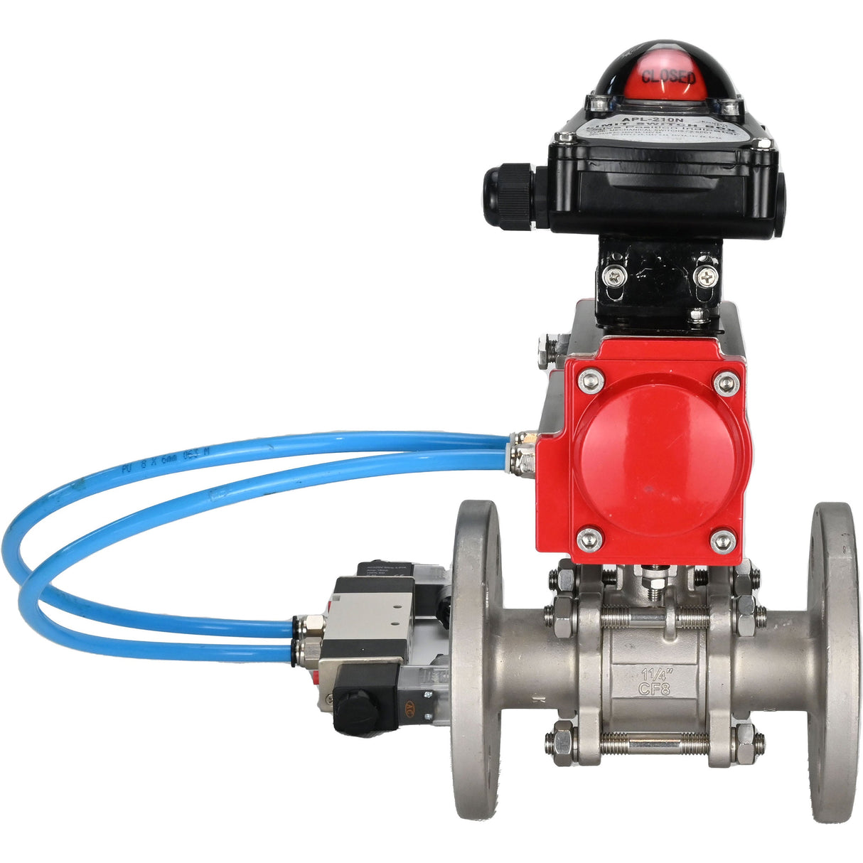 Ball valves Elephant BV3131P(3pc)-FP-F-ISO-H 16 bar, three-piece full bore flanged, stainless steel SS304, seal - PTFE, with double-acting PA-DA pneumatic actuator, with pneumatic distributor 4V320-08 220V, with LSU APL-210N