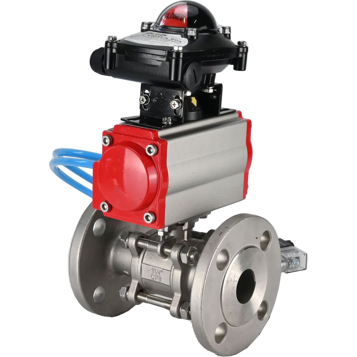 Ball valves Elephant BV3131P(3pc)-FP-F-ISO-H 16 bar, three-piece full bore flanged, stainless steel SS304, seal - PTFE, with double-acting PA-DA pneumatic actuator, with pneumatic distributor 4V320-10 220V, with LSU APL-210N