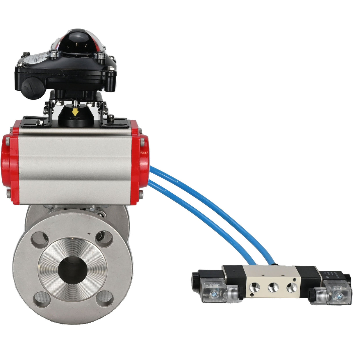 Ball valves Elephant BV3232P(3pc)-FP-F-ISO-H 16 bar, three-piece full bore flanged, stainless steel SS304, seal - PTFE, with pneumatic actuator PA-SA with return springs, with pneumatic distributor 4V320-10 220V, with LSU APL-210N