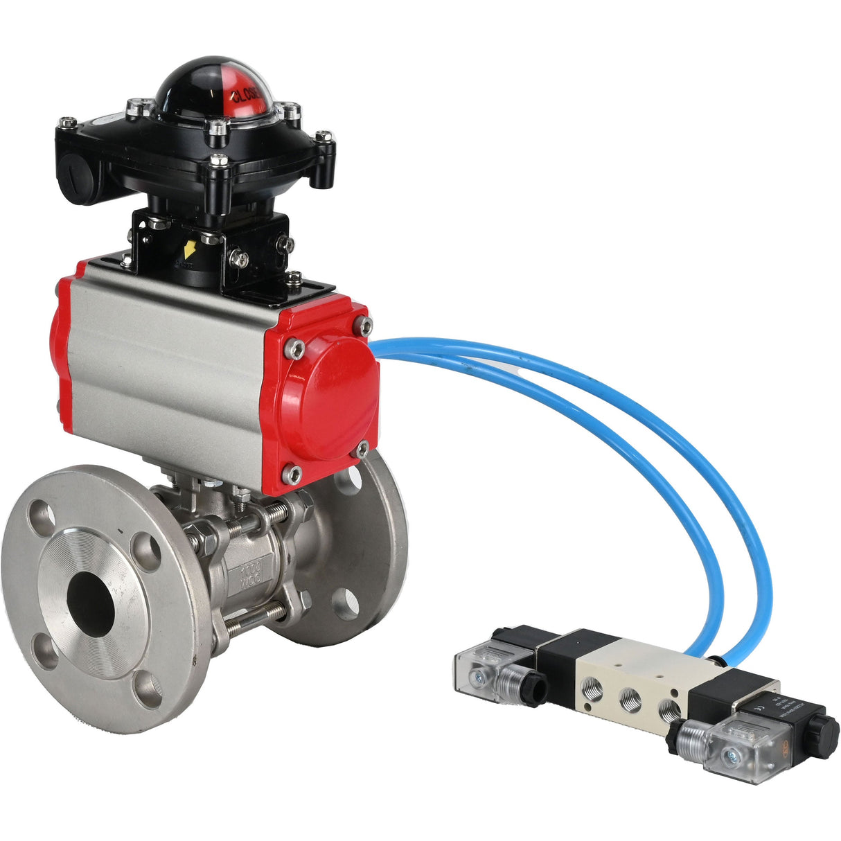 Ball valves Elephant BV3232P(3pc)-FP-F-ISO-H 16 bar, three-piece full bore flanged, stainless steel SS304, seal - PTFE, with pneumatic actuator PA-SA with return springs, with pneumatic distributor 4V320-08 220V, with LSU APL-210N