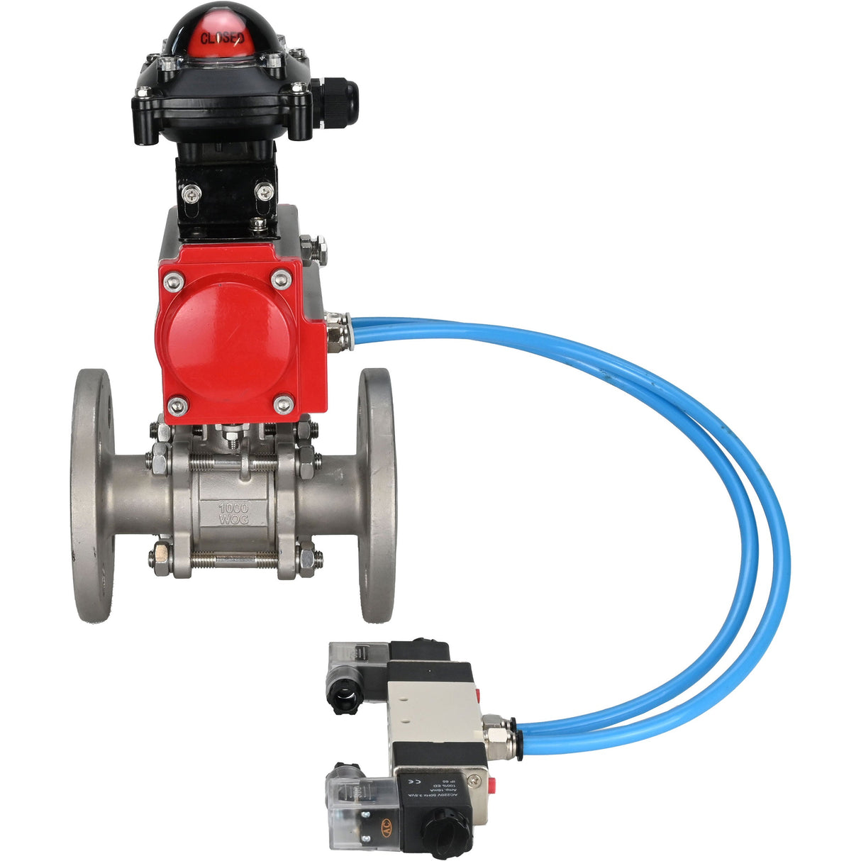Ball valves Elephant BV3131P(3pc)-FP-F-ISO-H 16 bar, three-piece full bore flanged, stainless steel SS304, seal - PTFE, with double-acting PA-DA pneumatic actuator, with pneumatic distributor 4V320-10 220V, with LSU APL-210N