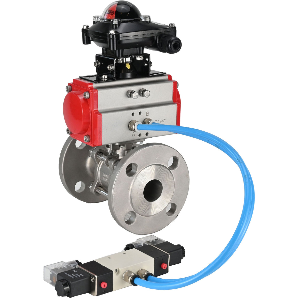 Ball valves Elephant BV3232P(3pc)-FP-F-ISO-H 16 bar, three-piece full bore flanged, stainless steel SS304, seal - PTFE, with pneumatic actuator PA-SA with return springs, with pneumatic distributor 4V320-10 220V, with LSU APL-210N