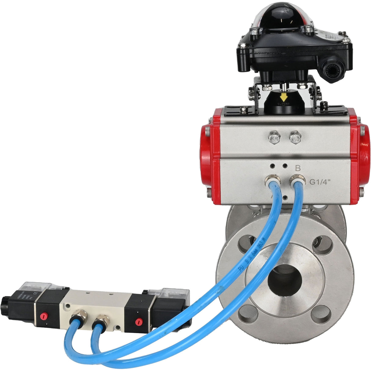 Ball valves Elephant BV3232P(3pc)-FP-F-ISO-H 16 bar, three-piece full bore flanged, stainless steel SS304, seal - PTFE, with double-acting PA-DA pneumatic actuator, with pneumatic distributor 4V320-10 220V, with LSU APL-210N