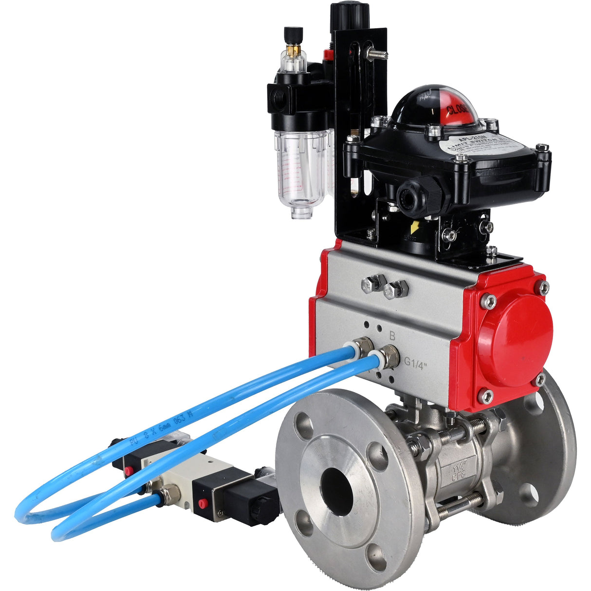 Ball valves Elephant BV3131P(3pc)-FP-F-ISO-H 16 bar, three-piece full bore flanged, stainless steel SS304, seal - PTFE, with double-acting PA-DA pneumatic actuator, with pneumatic distributor 4V320-10 220V, with LSU APL-210N, with ATU AFC2000