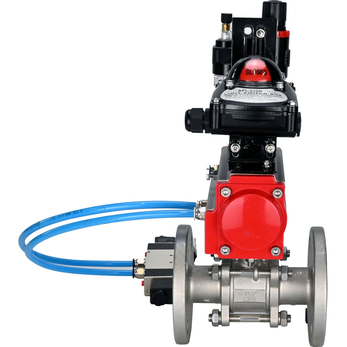 Ball valves Elephant BV3232P(3pc)-FP-F-ISO-H 16 bar, three-piece full bore flanged, stainless steel SS304, PTFE, with pneumatic actuator PA-SA with return springs, with pneumatic distributor 4V320-08 220V, with LSU APL -210N, with ATU AFC2000