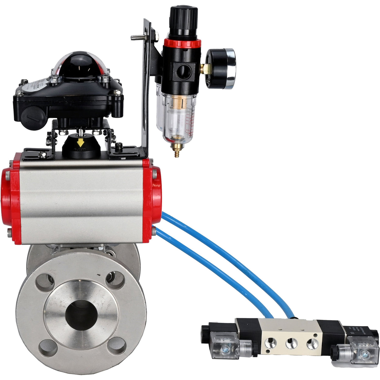 Ball valves Elephant BV3232P(3pc)-FP-F-ISO-H 16 bar, three-piece full bore flanged, stainless steel SS304, PTFE, with pneumatic actuator PA-SA with return springs, with pneumatic distributor 4V320-10 220V, with LSU APL -210N, with ATU AFC2000
