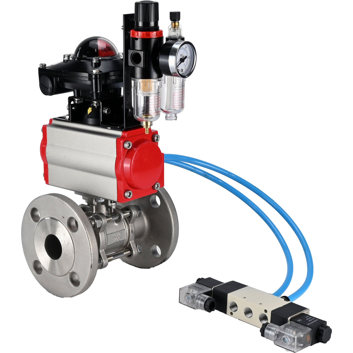 Ball valves Elephant BV3232P(3pc)-FP-F-ISO-H 16 bar, three-piece full bore flanged, stainless steel SS304, PTFE, with pneumatic actuator PA-SA with return springs, with pneumatic distributor 4V320-10 220V, with LSU APL -210N, with ATU AFC2000