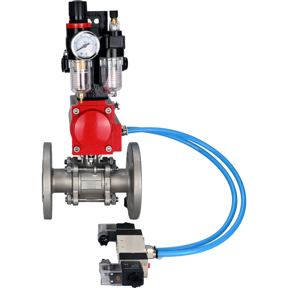Ball valves Elephant BV3131P(3pc)-FP-F-ISO-H 16 bar, three-piece full bore flanged, stainless steel SS304, seal - PTFE, with double-acting PA-DA pneumatic actuator, with pneumatic distributor 4V320-10 220V, with LSU APL-210N, with ATU AFC2000