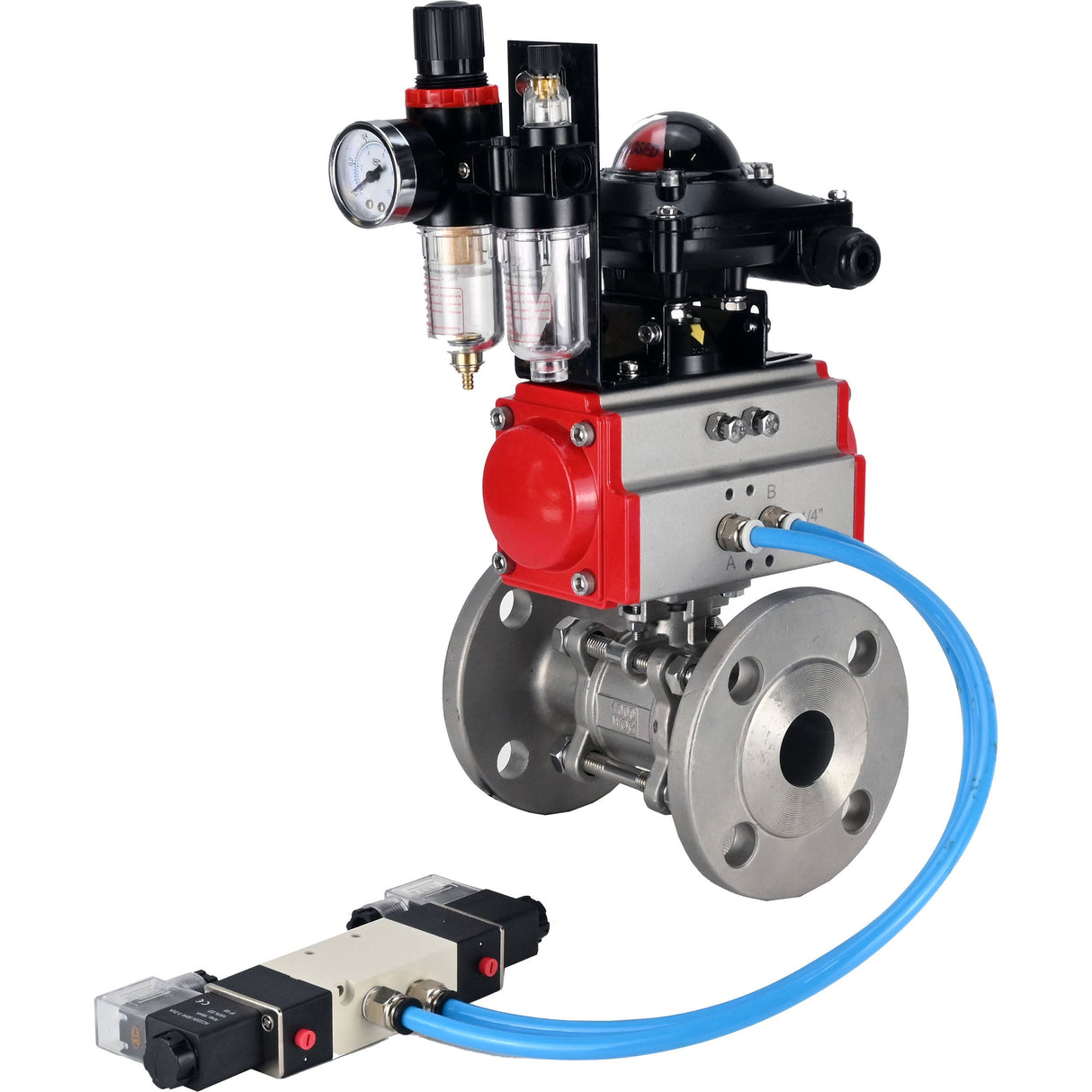 Ball valves Elephant BV3232P(3pc)-FP-F-ISO-H 16 bar, three-piece full bore flanged, stainless steel SS304, PTFE, with pneumatic actuator PA-SA with return springs, with pneumatic distributor 4V320-10 220V, with LSU APL -210N, with ATU AFC2000