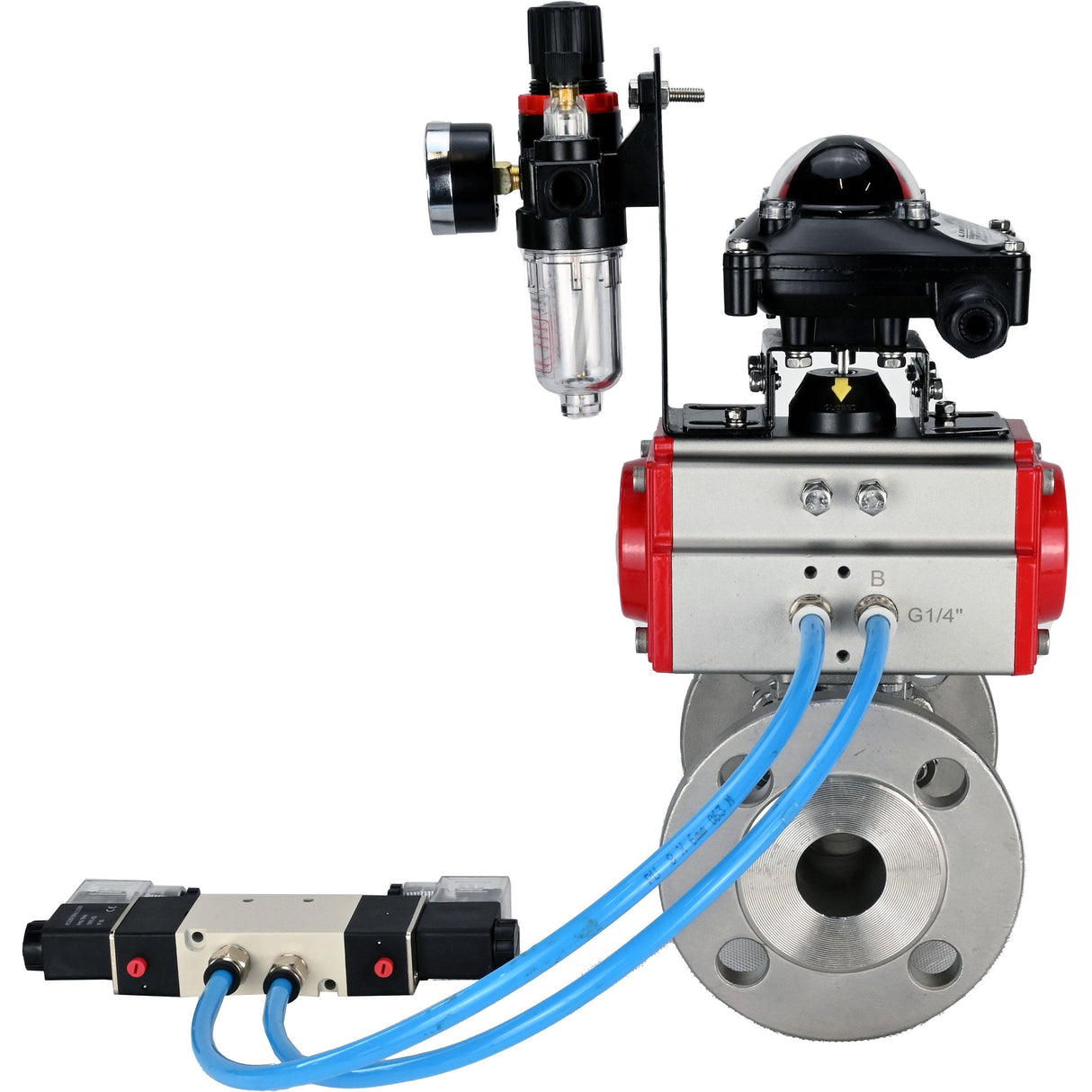 Ball valves Elephant BV3232P(3pc)-FP-F-ISO-H 16 bar, three-piece full bore flanged, stainless steel SS304, PTFE, with pneumatic actuator PA-SA with return springs, with pneumatic distributor 4V320-08 220V, with LSU APL -210N, with ATU AFC2000