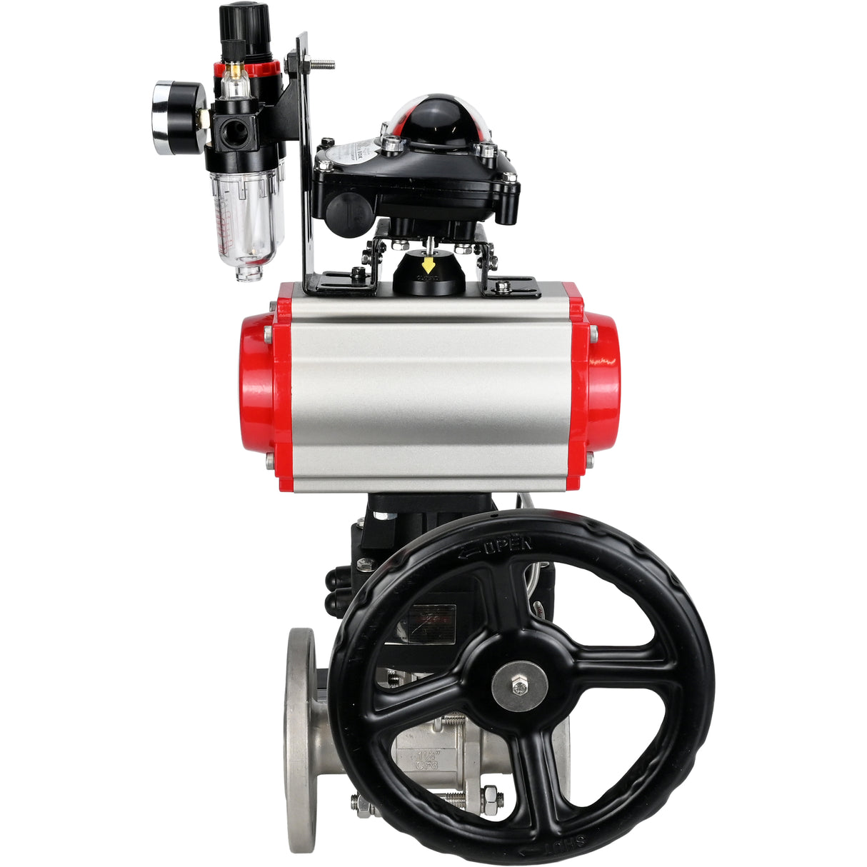 Ball valves Elephant BV3131P(3pc)-FP-F-ISO-H DN15-40 16 bar, three-piece full bore flanged, stainless steel SS304, PTFE, with pneumatic drive PA-DA, with pneumatic distributor 4V320-08 220V, with LSU APL-210N, manual Doubler MON1-250-T26-ISO, with ATU AFC