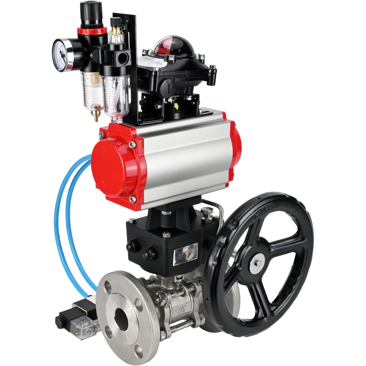 Ball valves Elephant BV3232P(3pc)-FP-F-ISO-H, body material - Stainless steel AISI 316, seal - PTFE / PTFE / Teflon, with pneumatic actuator double action PA-DA, 4V320-10 220V, LSU APL-210N, handwheel MON, ATU AFC2000