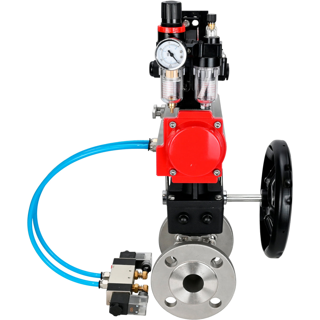 Ball valves Elephant BV3131P(3pc)-FP-F-ISO-H DN15-40 16 bar, three-piece full bore flanged, stainless steel SS304, PTFE, with pneumatic drive PA-DA, with pneumatic distributor 4V320-08 220V, with LSU APL-210N, manual Doubler MON1-250-T26-ISO, with ATU AFC